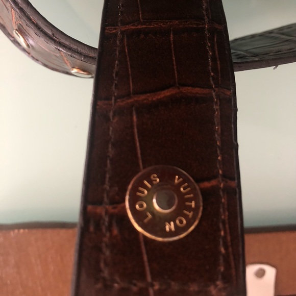Louis Vuitton brown tote with alligator trim, gold chain, and buckle.